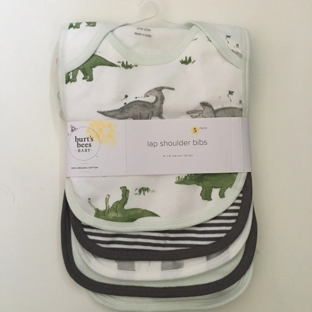 Burt’s Bees 5 Lap Shoulder Bibs Organic Cotton Green Dinosaurs Solid Stripes NEW
